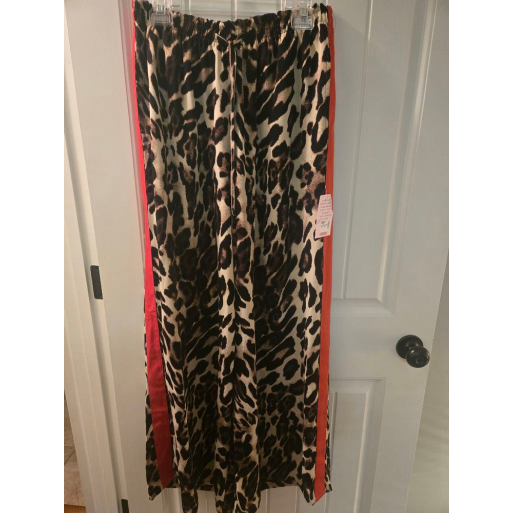 Women's QZ Brown Leopard Print Wide Leg Pants with Red Stripe L - Picture 4 of 4